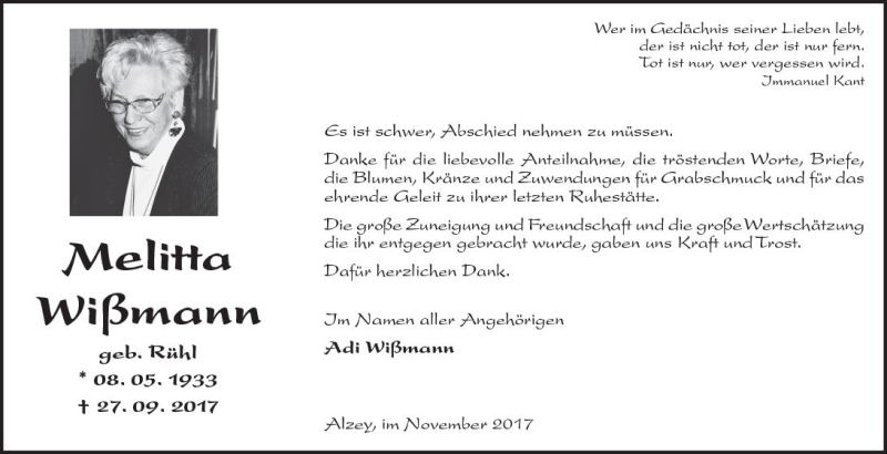  Traueranzeige für Melitta Wißmann vom 04.11.2017 aus Trauerportal Rhein Main Presse