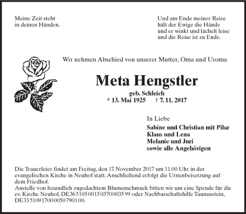  Traueranzeige für Meta Hengstler vom 11.11.2017 aus Trauerportal Rhein Main Presse