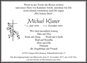 Traueranzeige von Michael Klaner von  Usinger Anzeiger
