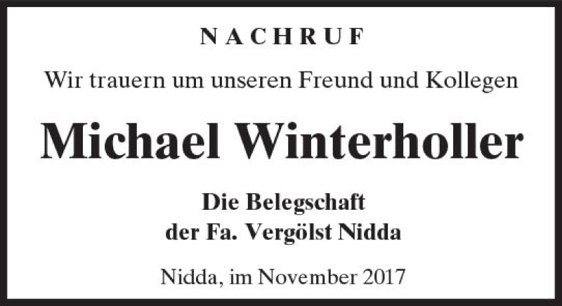  Traueranzeige für Michael Winterholler vom 23.11.2017 aus  Kreisanzeiger