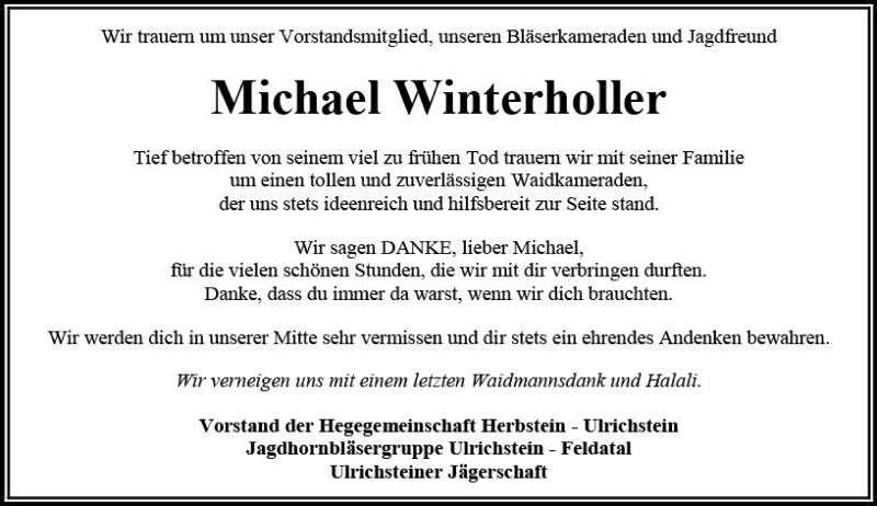  Traueranzeige für Michael Winterholler vom 21.11.2017 aus VRM Trauer