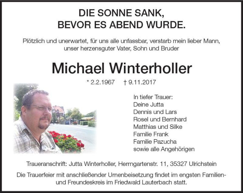  Traueranzeige für Michael Winterholler vom 18.11.2017 aus VRM Trauer