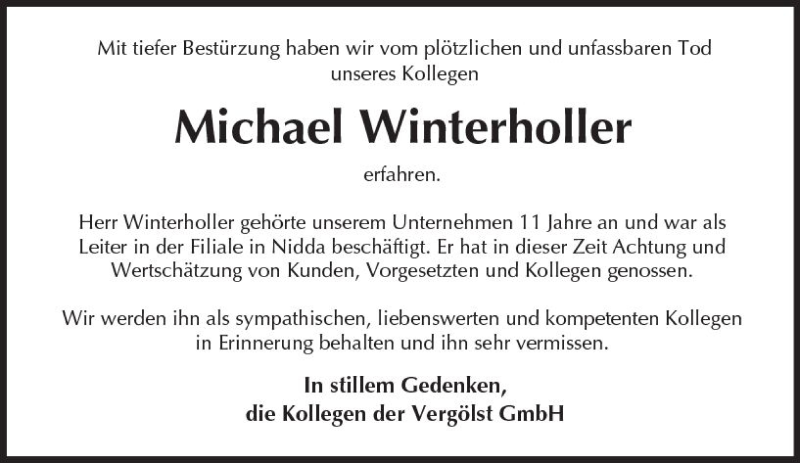  Traueranzeige für Michael Winterholler vom 18.11.2017 aus VRM Trauer