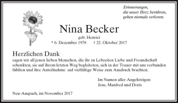 Traueranzeige von Nina Becker von  Usinger Anzeiger