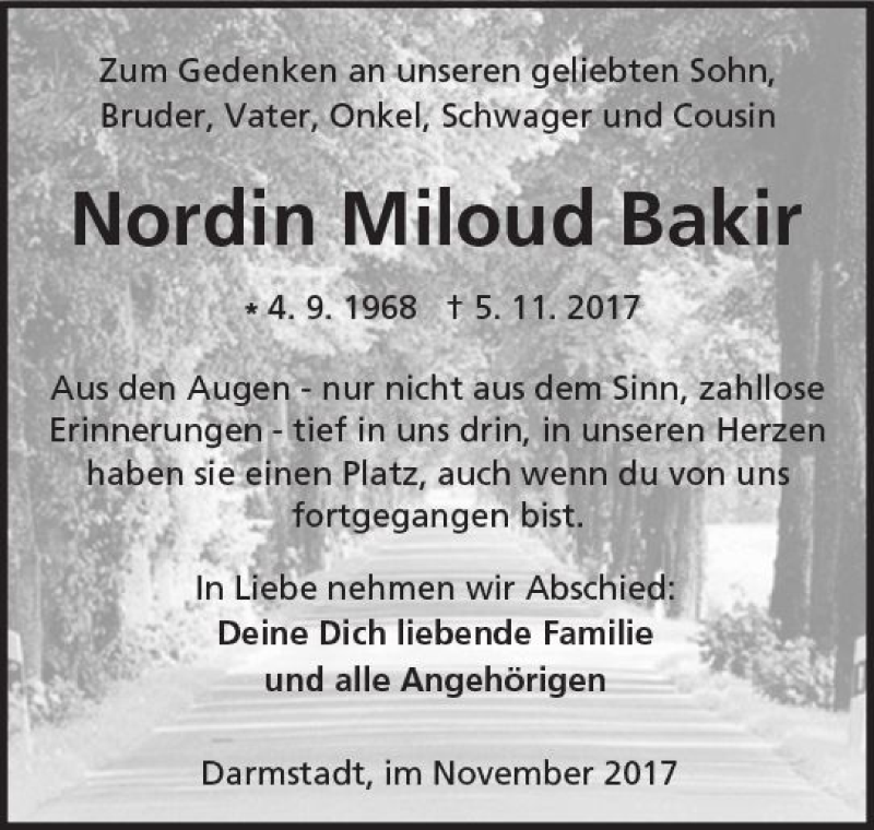  Traueranzeige für Nordin Miloud Bakir vom 11.11.2017 aus Trauerportal Echo Online