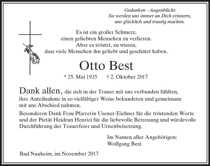  Traueranzeige für Otto Best vom 04.11.2017 aus  Usinger Anzeiger