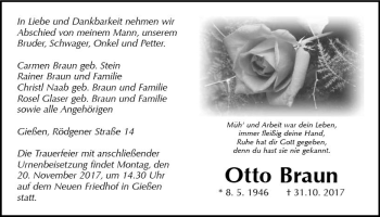Traueranzeige von Otto Braun von  Gießener Anzeiger