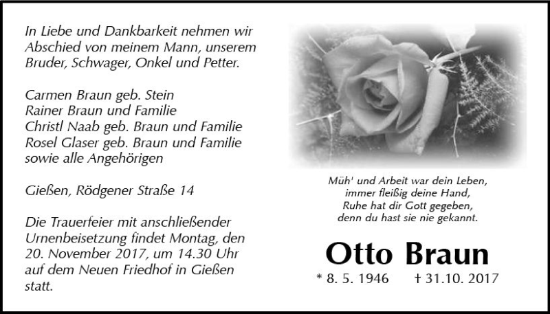  Traueranzeige für Otto Braun vom 16.11.2017 aus  Gießener Anzeiger