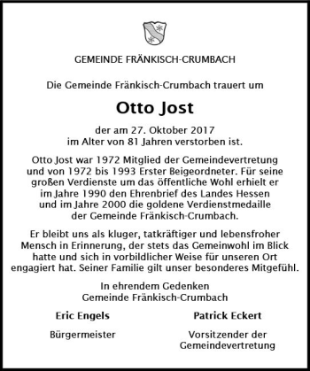 Traueranzeige von Otto Jost von Trauerportal Echo Online