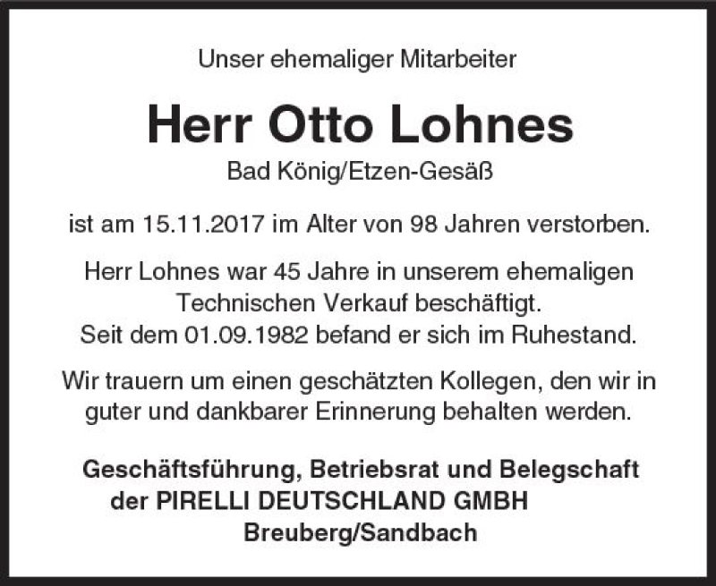  Traueranzeige für Otto Lohnes vom 24.11.2017 aus Trauerportal Echo Online