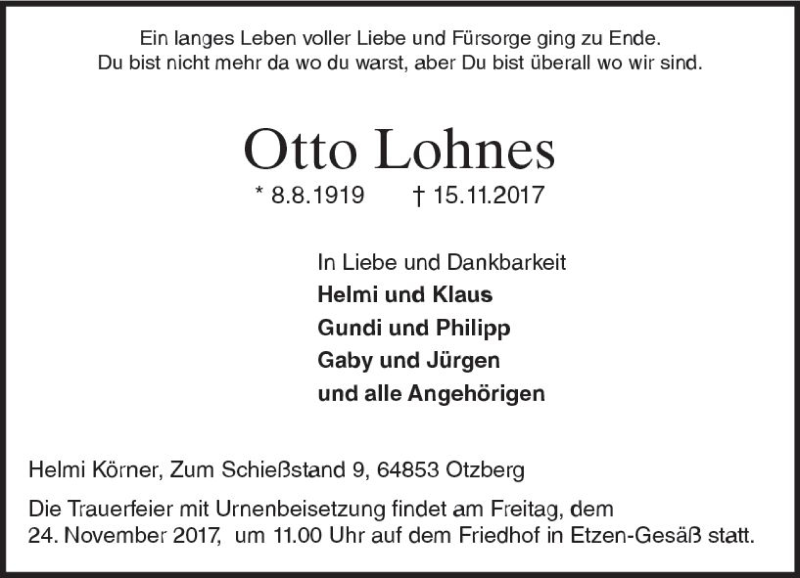  Traueranzeige für Otto Lohnes vom 22.11.2017 aus Trauerportal Echo Online