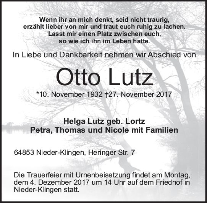  Traueranzeige für Otto Lutz vom 30.11.2017 aus Trauerportal Echo Online