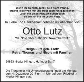 Traueranzeige von Otto Lutz von Trauerportal Echo Online