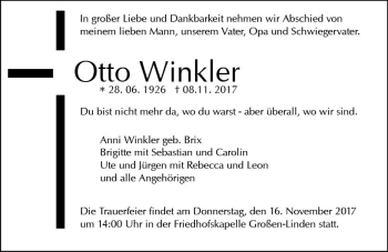 Traueranzeige von Otto Winkler von  Gießener Anzeiger