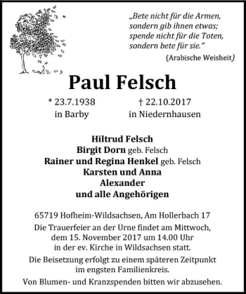 Traueranzeige von Paul Felsch von Trauerportal Rhein Main Presse