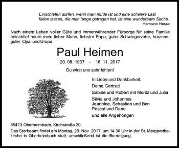 Traueranzeige von Paul Heimen von Trauerportal Rhein Main Presse