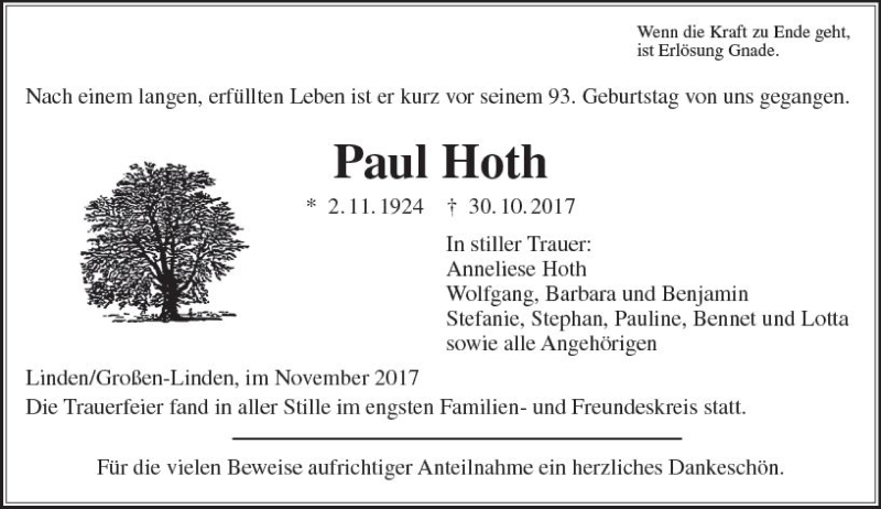  Traueranzeige für Paul Hoth vom 11.11.2017 aus  Gießener Anzeiger