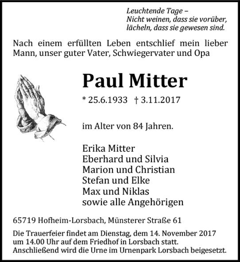  Traueranzeige für Paul Mitter vom 10.11.2017 aus Trauerportal Rhein Main Presse