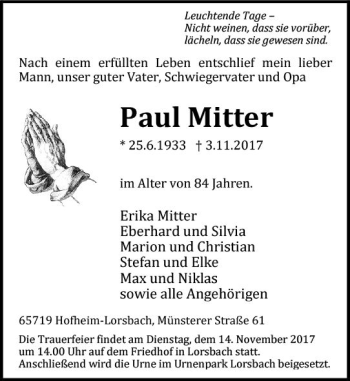 Traueranzeige von Paul Mitter von Trauerportal Rhein Main Presse