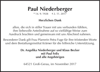 Traueranzeige von Paul Niederberger von Trauerportal Rhein Main Presse