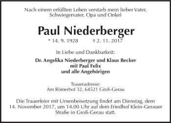 Traueranzeige von Paul Niederberger von Trauerportal Echo Online