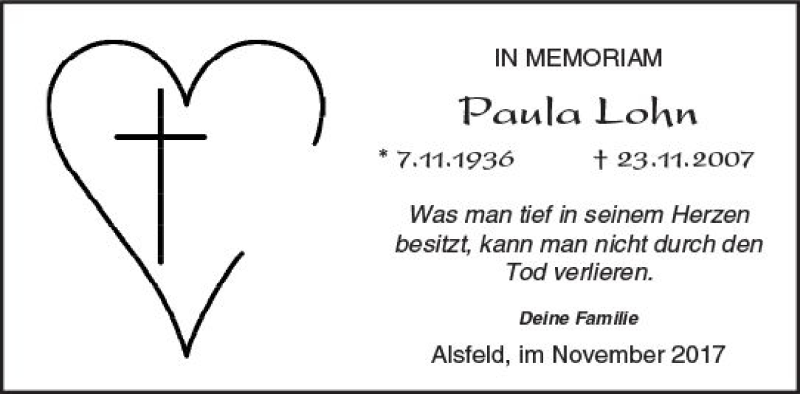  Traueranzeige für Paula Lohn vom 23.11.2017 aus VRM Trauer