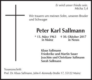 Traueranzeige von Peter Karl Sallmann von Trauerportal Rhein Main Presse