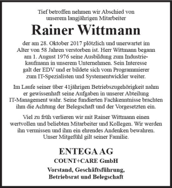 Traueranzeige von Rainer Wittmann von Trauerportal Echo Online