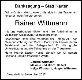 Traueranzeige von Rainer Wittmann von Trauerportal Echo Online