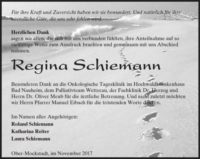  Traueranzeige für Regina Schiemann vom 24.11.2017 aus  Kreisanzeiger