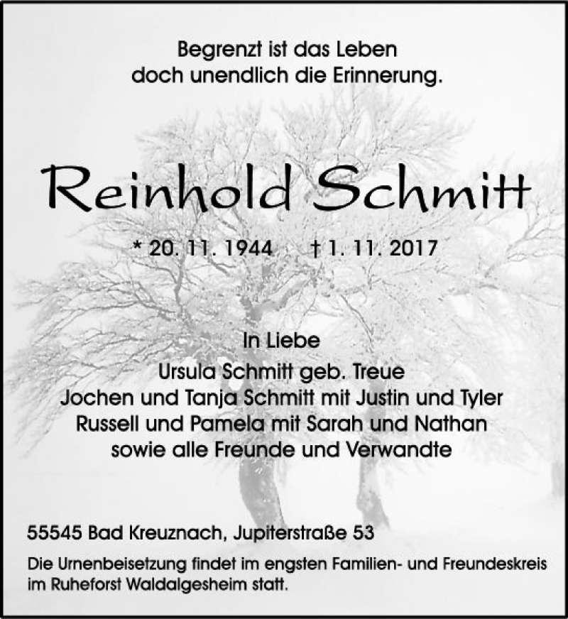  Traueranzeige für Reinhold Schmitt vom 11.11.2017 aus Trauerportal Rhein Main Presse