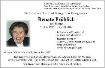 Traueranzeige von Renate Fröhlich von  Gießener Anzeiger