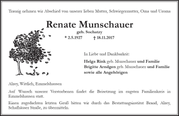 Traueranzeige von Renate Munschauer von Trauerportal Rhein Main Presse