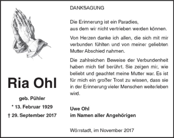 Traueranzeige von Ria Ohl von Trauerportal Rhein Main Presse
