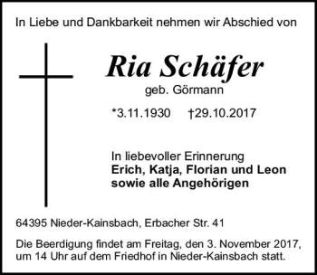 Traueranzeige von Ria Schäfer von Trauerportal Echo Online