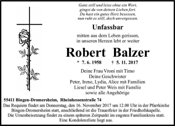 Traueranzeige von Robert Balzer von Trauerportal Rhein Main Presse