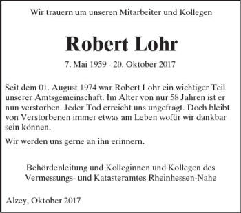 Traueranzeige von Robert Lohr von Trauerportal Rhein Main Presse
