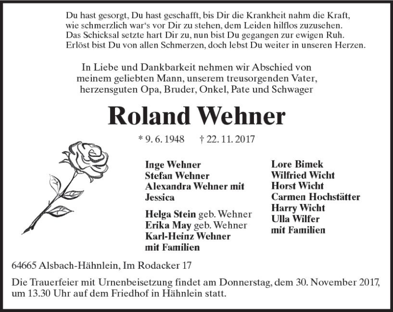  Traueranzeige für Roland Wehner vom 25.11.2017 aus Trauerportal Echo Online