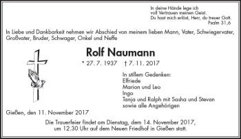 Traueranzeige von Rolf Naumann von  Gießener Anzeiger