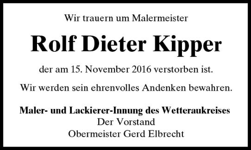  Traueranzeige für Rolf Dieter Kipper vom 22.11.2017 aus  Kreisanzeiger