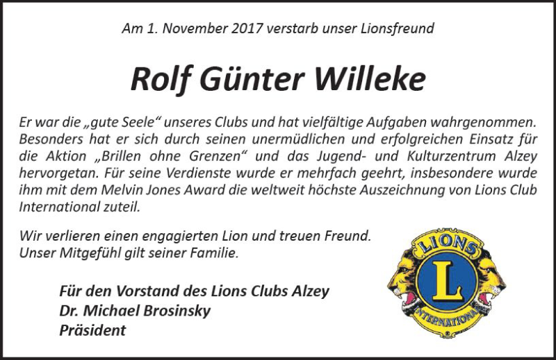  Traueranzeige für Rolf Günter Willeke vom 07.11.2017 aus Trauerportal Rhein Main Presse