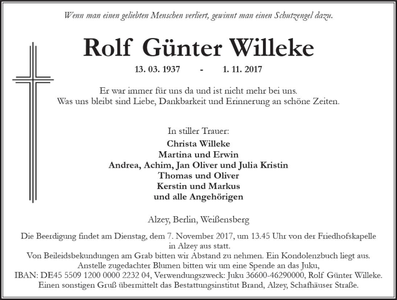  Traueranzeige für Rolf Günter Willeke vom 03.11.2017 aus Trauerportal Rhein Main Presse