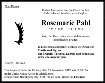 Traueranzeige von Rosemarie Pahl von VRM Trauer