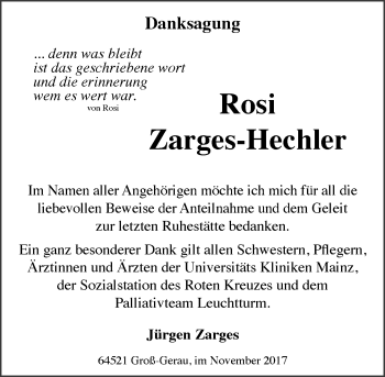 Traueranzeige von Rosi Zarges-Hechler von Trauerportal Echo Online
