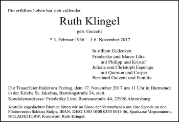 Traueranzeige von Ruth Klingel von Trauerportal Echo Online