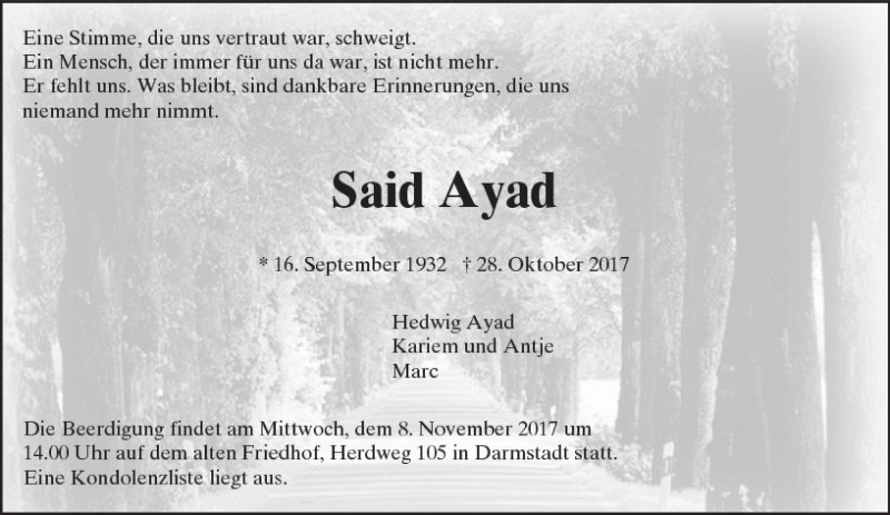  Traueranzeige für Said Ayad vom 04.11.2017 aus Trauerportal Echo Online