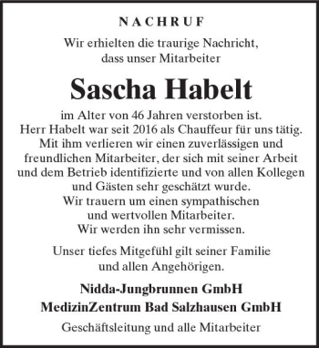 Traueranzeige von Sascha Habelt von  Kreisanzeiger