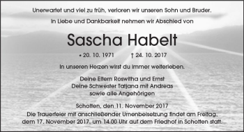 Traueranzeige von Sascha Habelt von  Kreisanzeiger