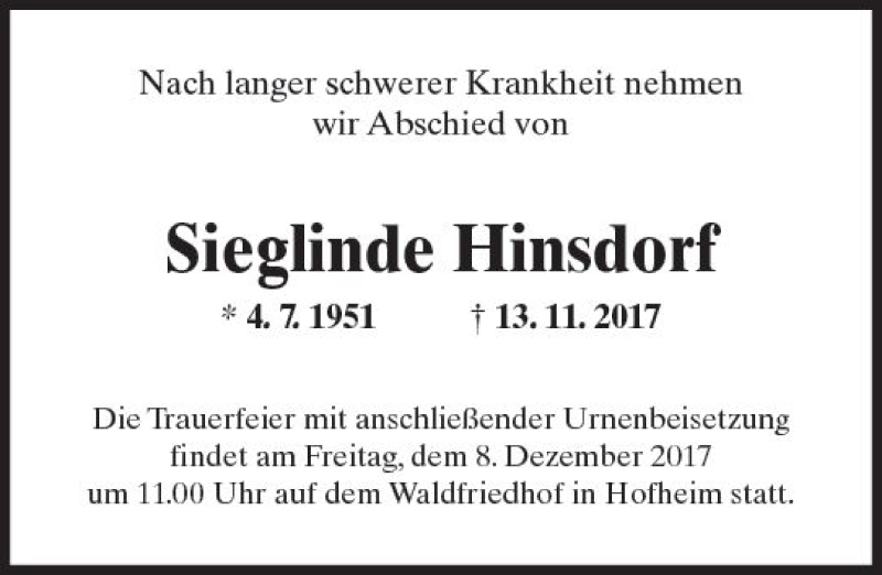  Traueranzeige für Sieglinde Hinsdorf vom 24.11.2017 aus Trauerportal Rhein Main Presse