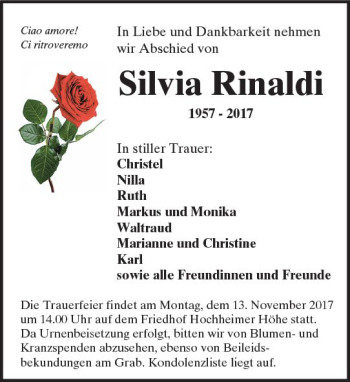 Traueranzeige von Silvia Rinaldi von Trauerportal Rhein Main Presse